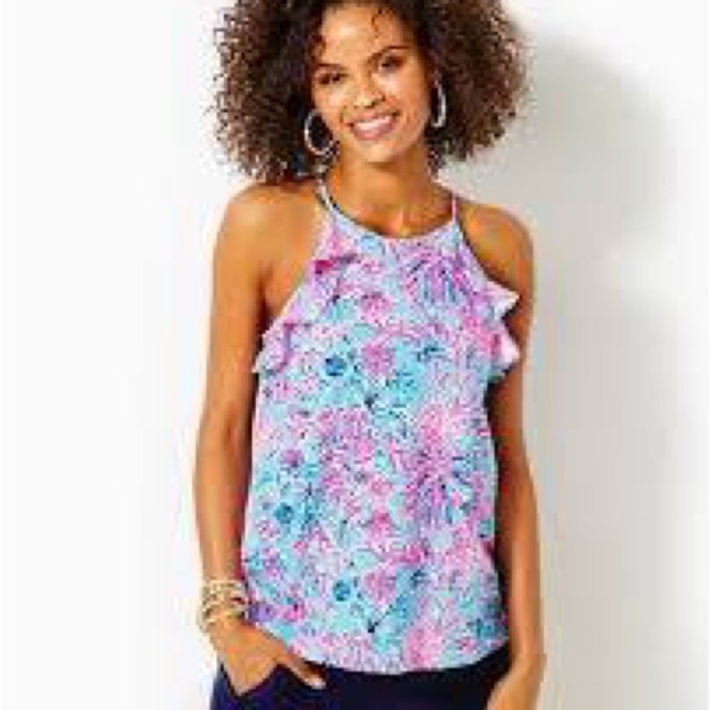 Lilly Pulitzer Billie Ruffle Halter Tank Top - Celestial Blue Seek & Sea